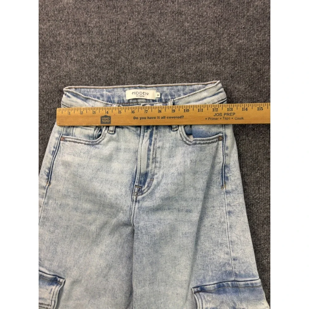 Hidden Cargo Jeans Womens 24 Light Blue Acid Wash Wide Leg Raw Hem Utility